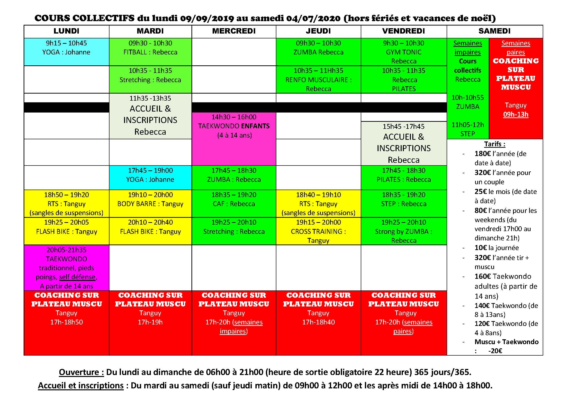 Cours collectif PLANNING 2019 2020 - Cours collectif